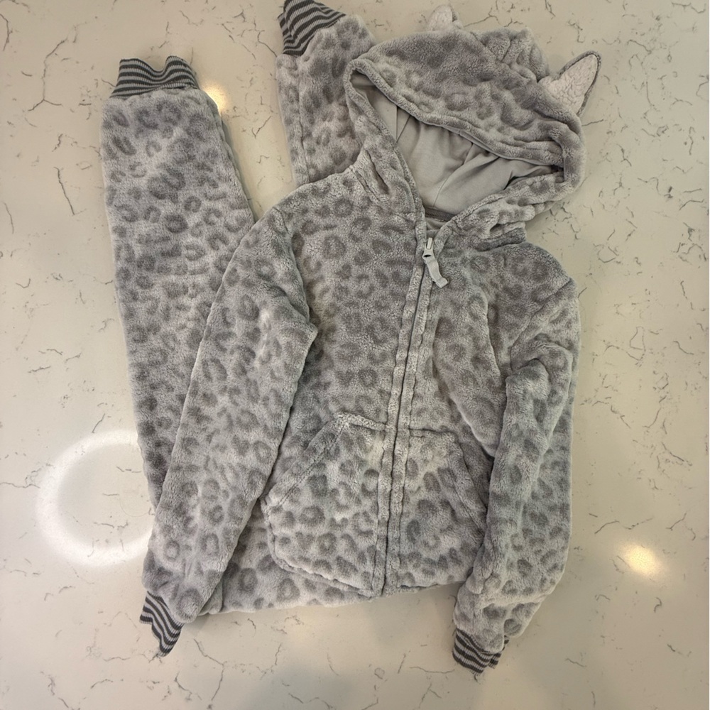 Gray and White Leopard Pajama Set Plush Cozy Sleepwear